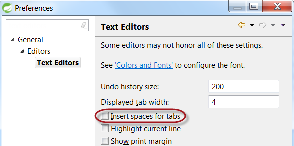 Insert spaces for tabs