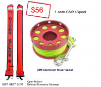 1.8M/6ft Scuba safety sausage surface maker buoyancy (SMB) + 30m finger reel spool set – $56